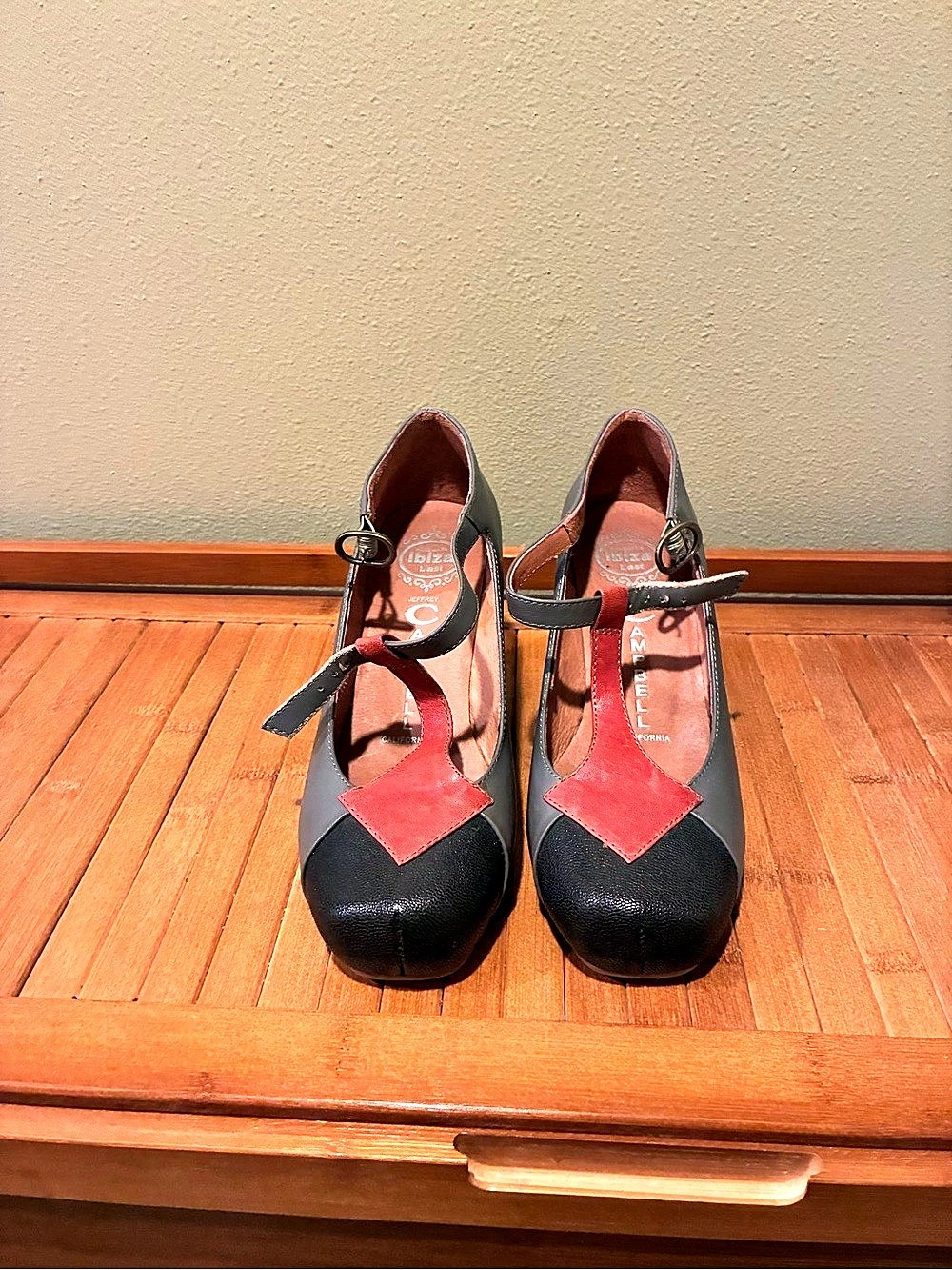 Jeffrey Campbell Gray & Red T-Strap Wedge Heels